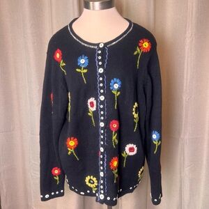 SUSAN BRISTOL Y2k Hand Embroidered knit button down sweater cardigan